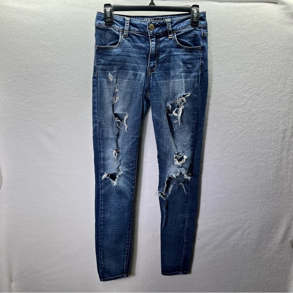 American Eagle Distressed Trashed Hi-Rise Jegging Jeans Womens 0 Blue Denim 2715